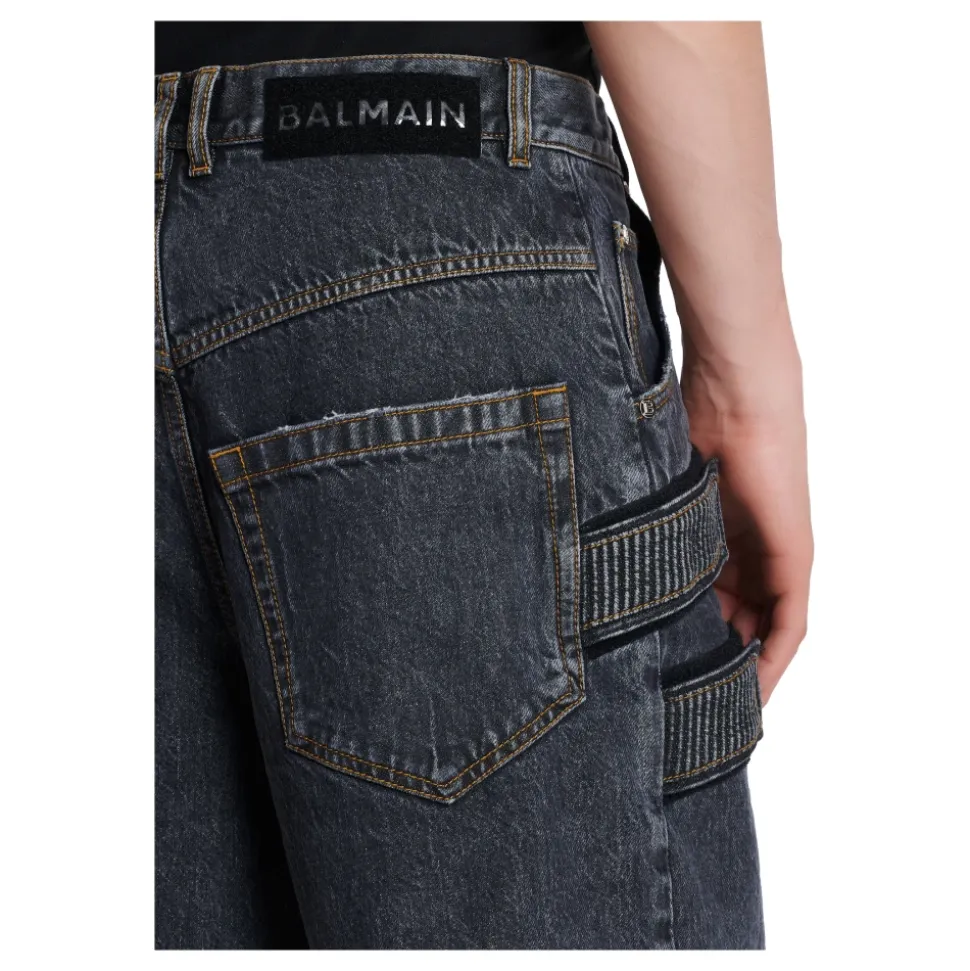 Bermuda in Denim Nero Usato con Cinturino Laterale