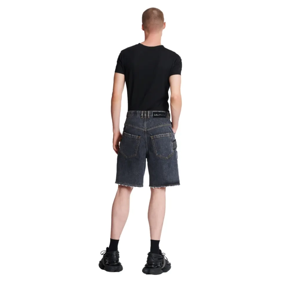 Bermuda in Denim Nero Usato con Cinturino Laterale