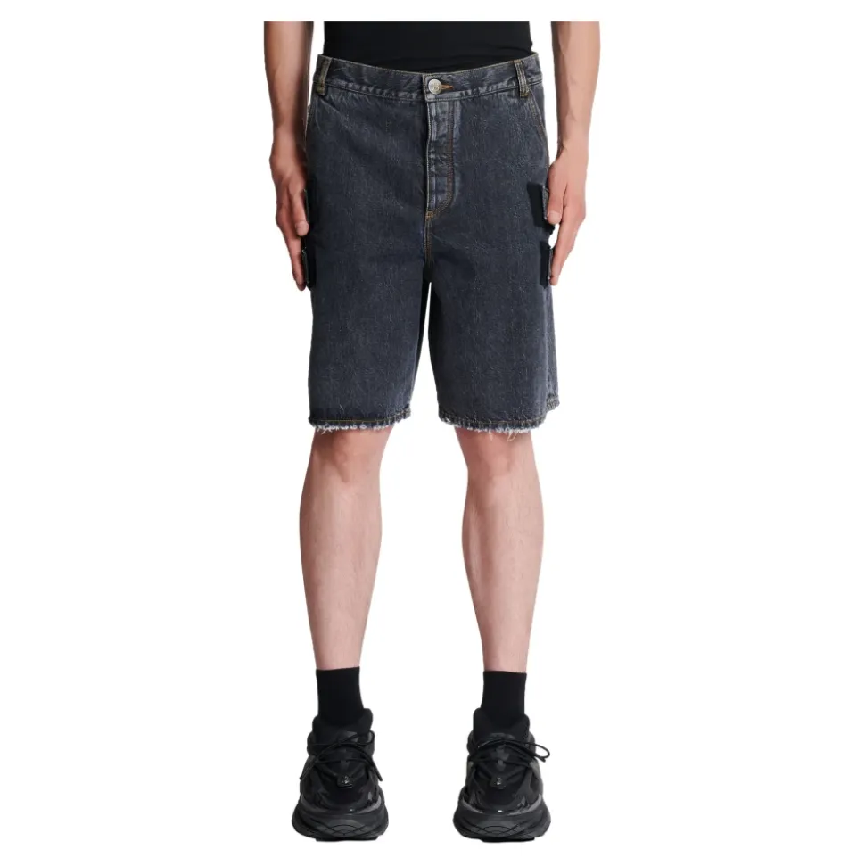 Bermuda in Denim Nero Usato con Cinturino Laterale