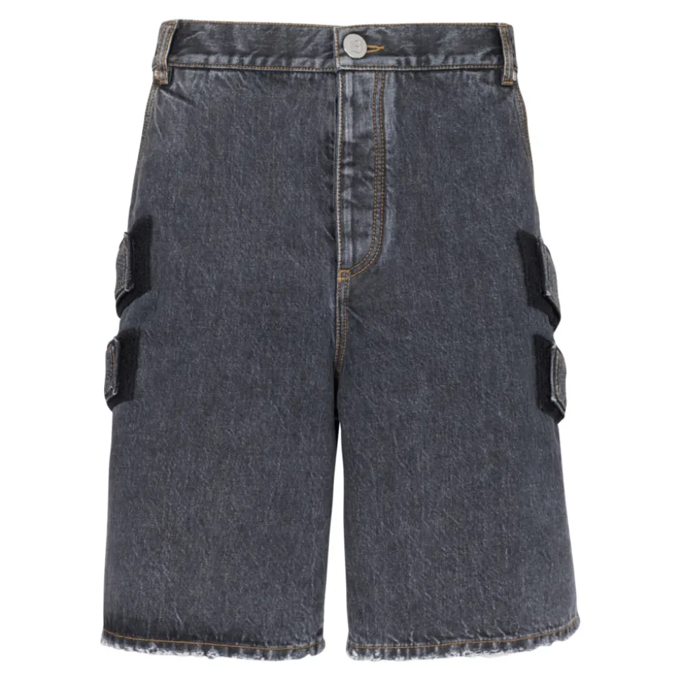 Bermuda in Denim Nero Usato con Cinturino Laterale