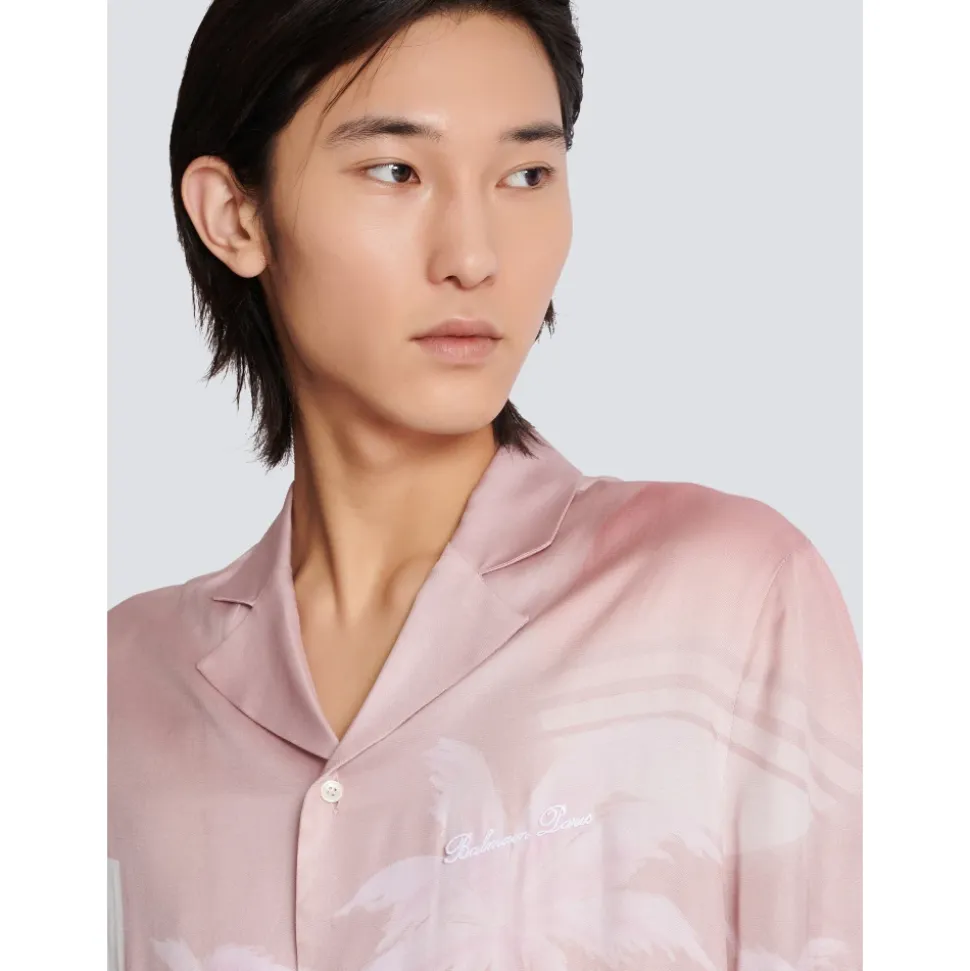 Camicia da pigiama a maniche corte in twill con stampa Cartolina
