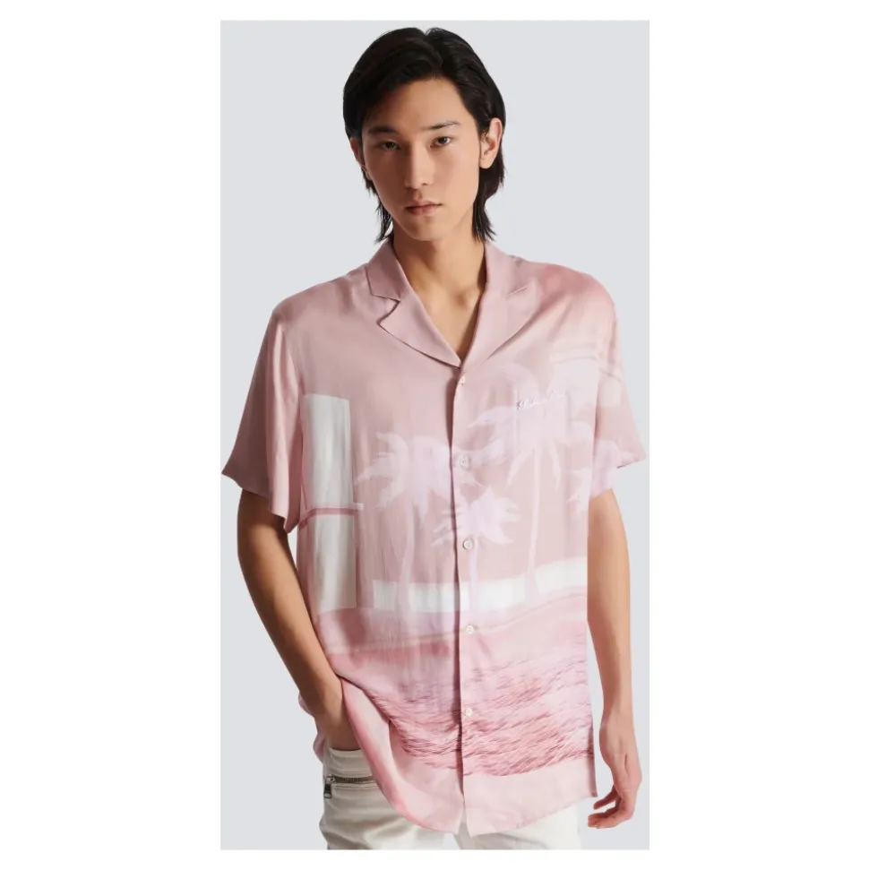 Camicia da pigiama a maniche corte in twill con stampa Cartolina