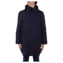 Cappotto blu con cappuccio e bottoni
