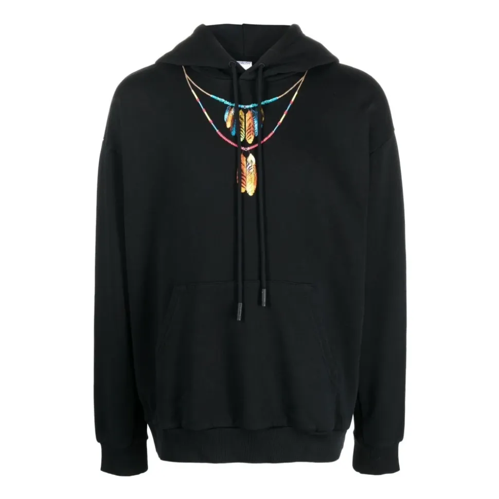 Felpa con Cappuccio e Collana di Piume Nere e Rosse