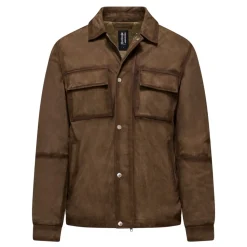 Giacca-camicia in pelle con colletto e tasche-BROWNISH-L