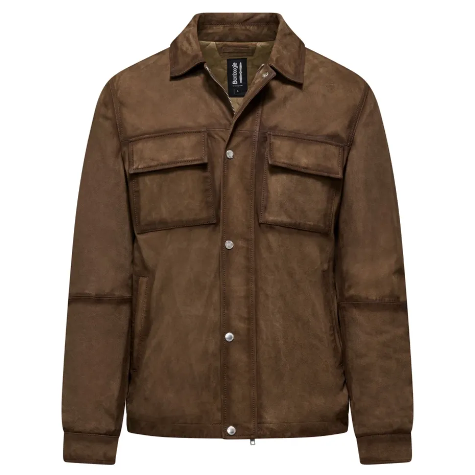 Giacca-camicia in pelle con colletto e tasche-BROWNISH-L