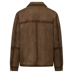 Giacca-camicia in pelle con colletto e tasche-BROWNISH-L