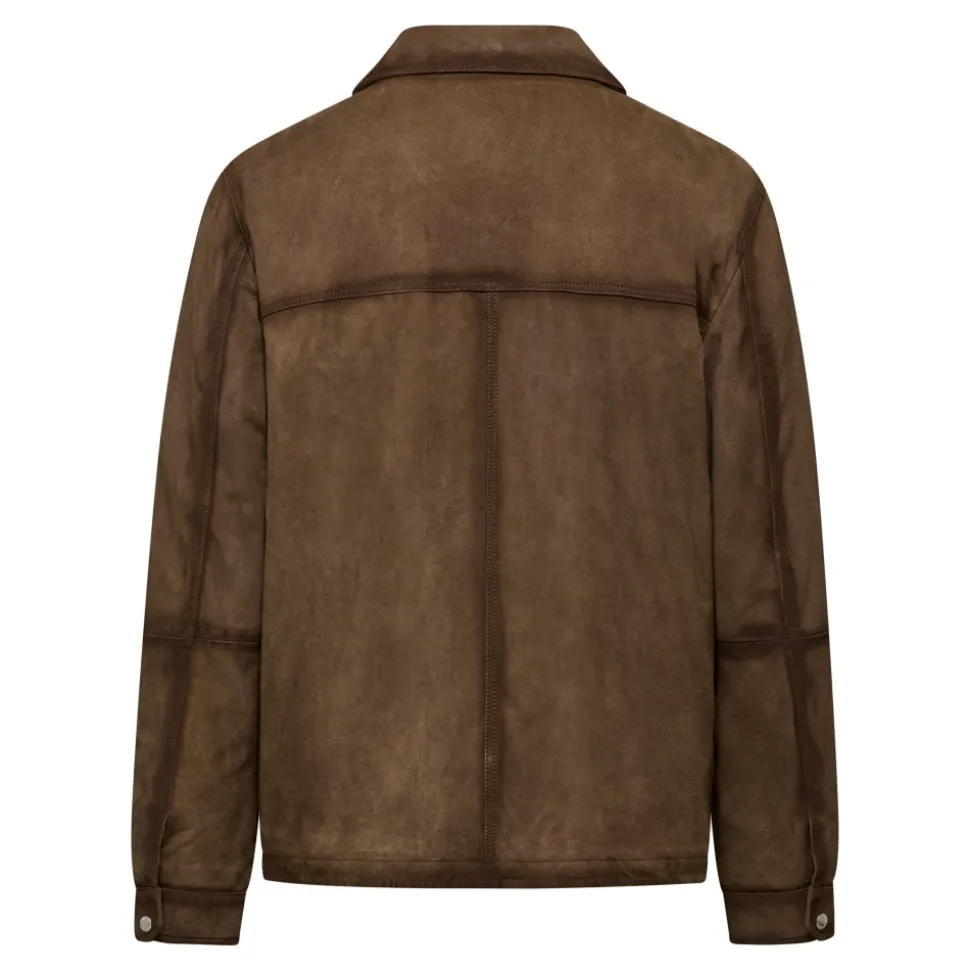 Giacca-camicia in pelle con colletto e tasche-BROWNISH-L
