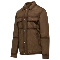 Giacca-camicia in pelle con colletto e tasche-BROWNISH-L
