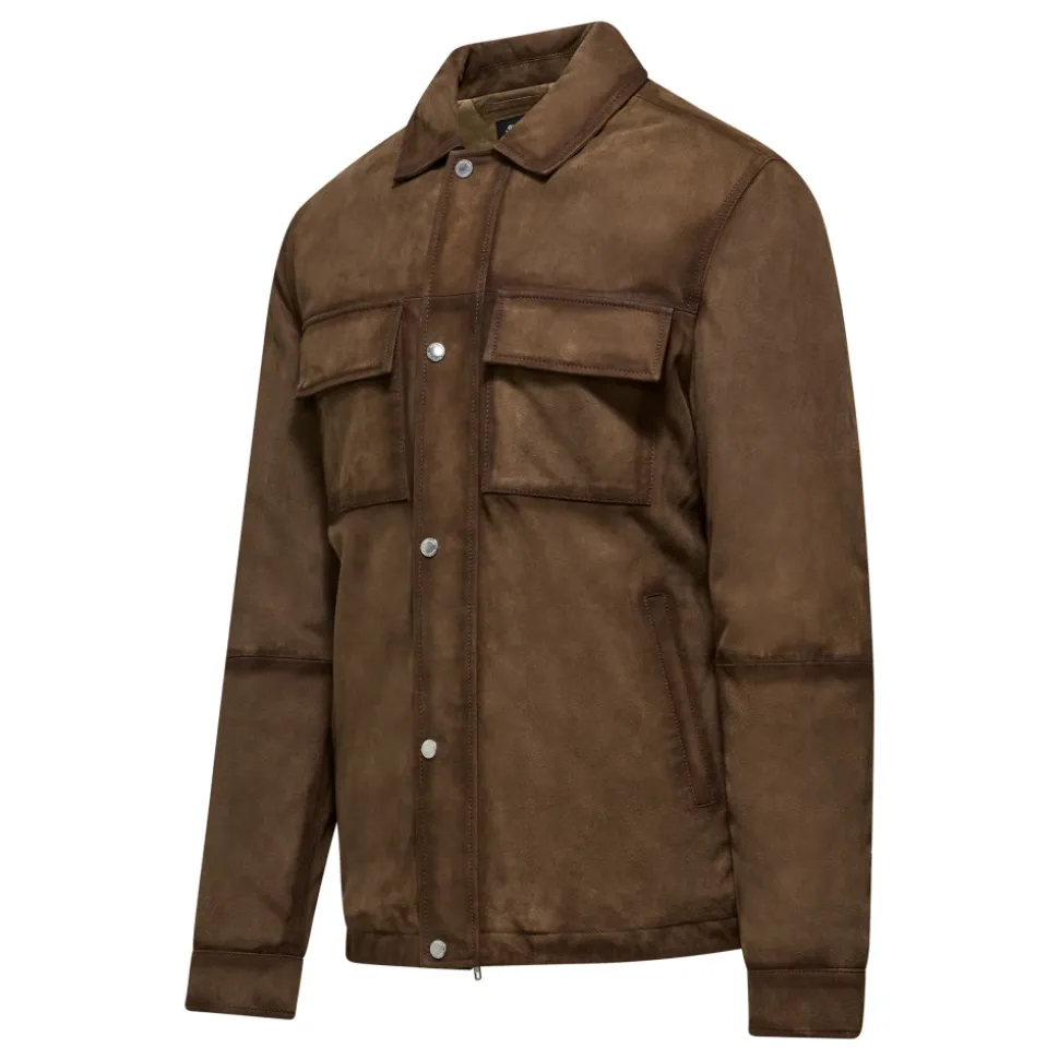 Giacca-camicia in pelle con colletto e tasche-BROWNISH-L