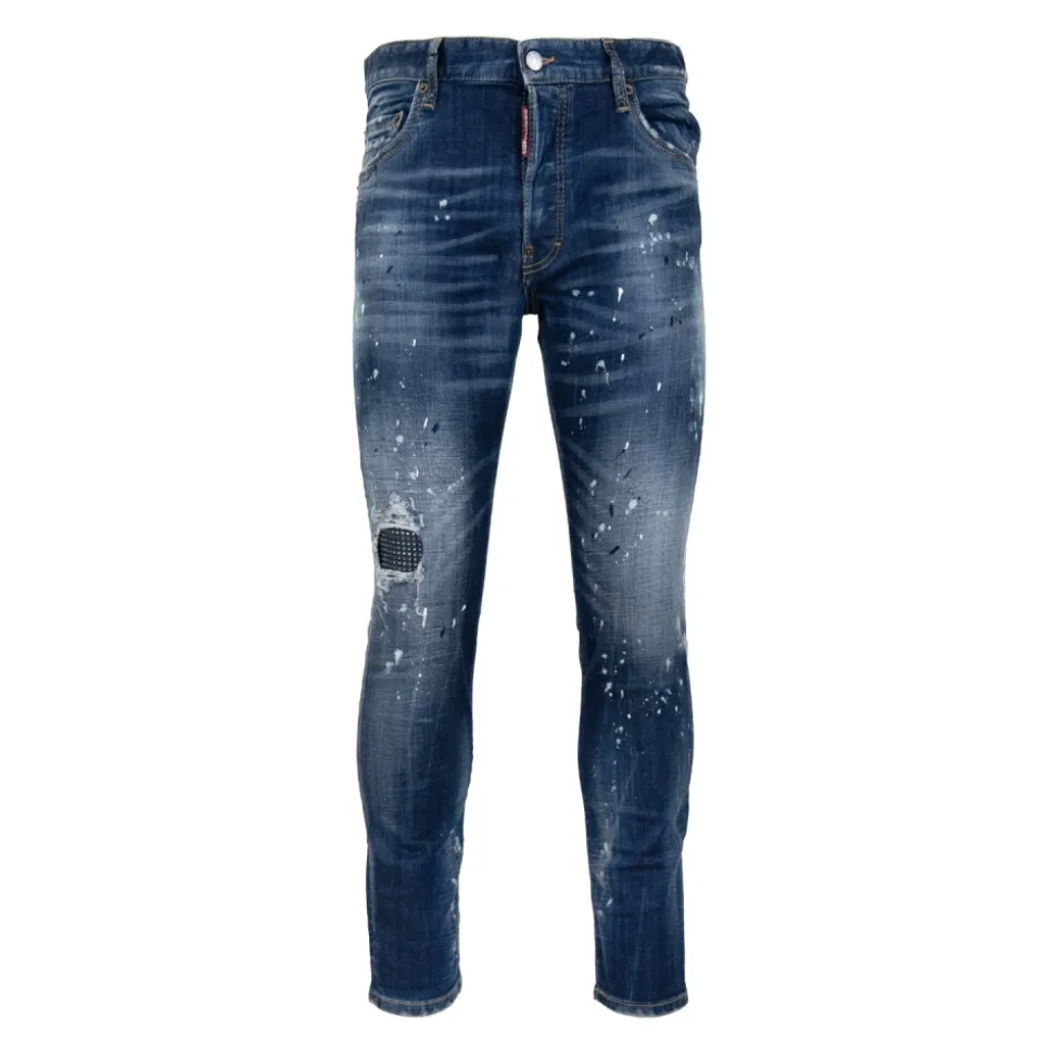 Jeans uomo con bottoni e patch in pelle