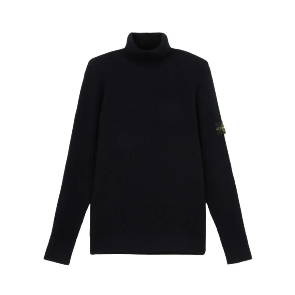 Maglione a Collo Alto in Lana Blu Navy a Coste