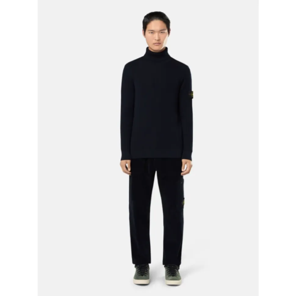 Maglione a Collo Alto in Lana Blu Navy a Coste
