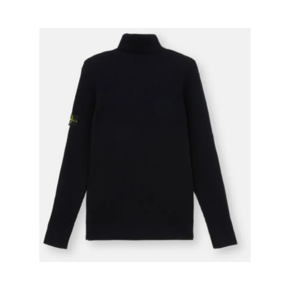 Maglione a Collo Alto in Lana Blu Navy a Coste