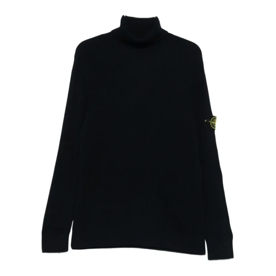 Maglione Blu in Lana a Coste con Collo Alto