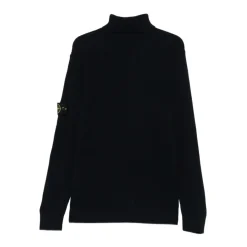 Maglione Blu in Lana a Coste con Collo Alto