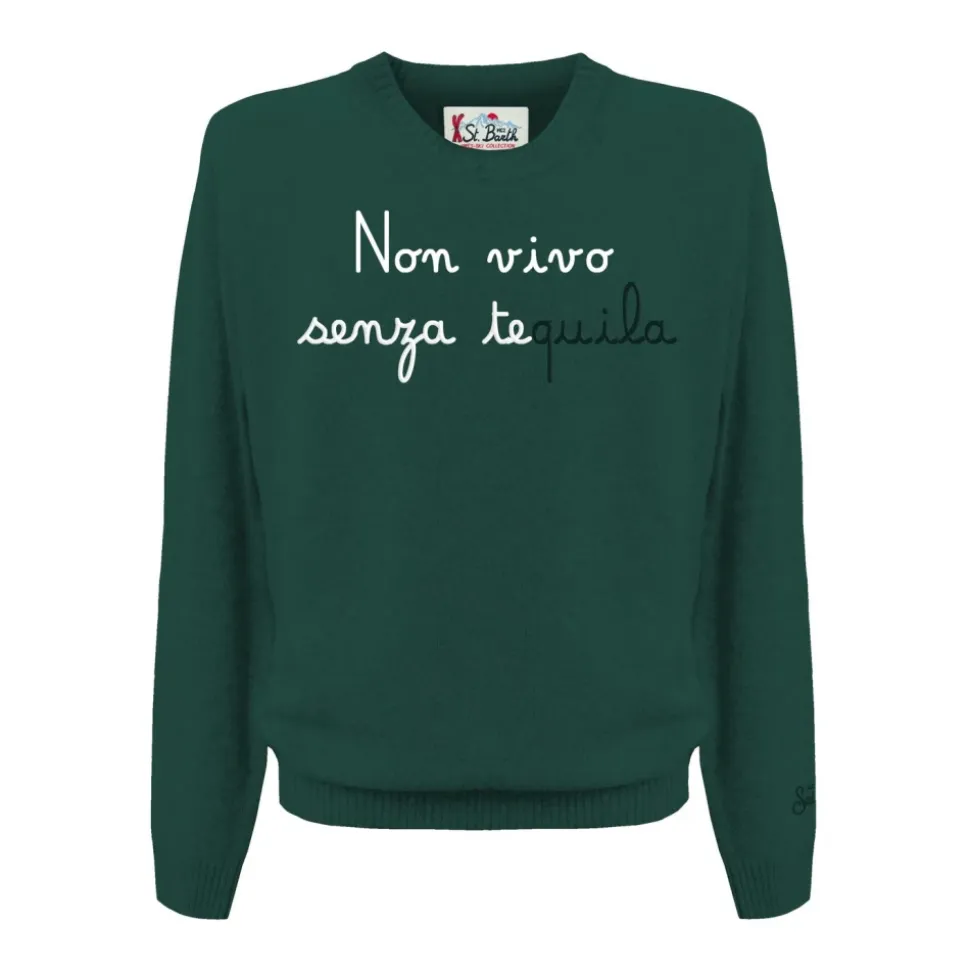 Maglione verde con scollo a girocollo e ricamo