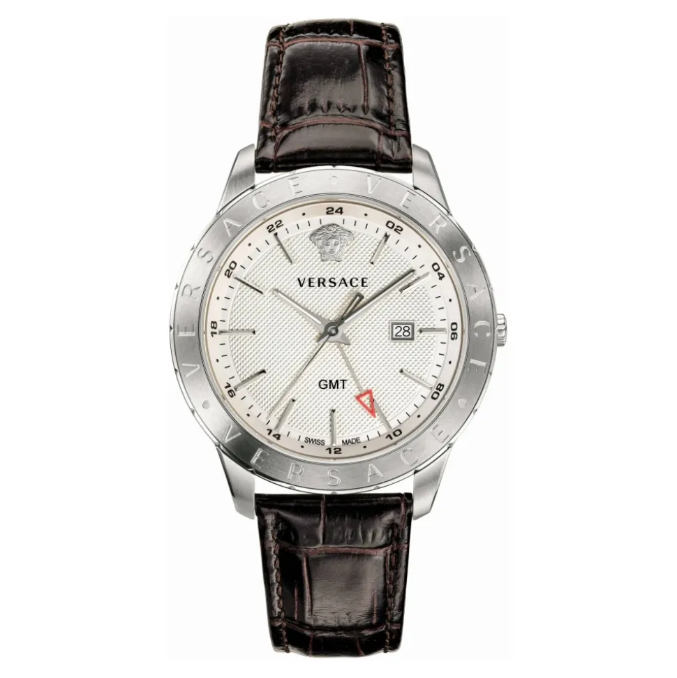 Orologio GMT in pelle marrone e acciaio argentato