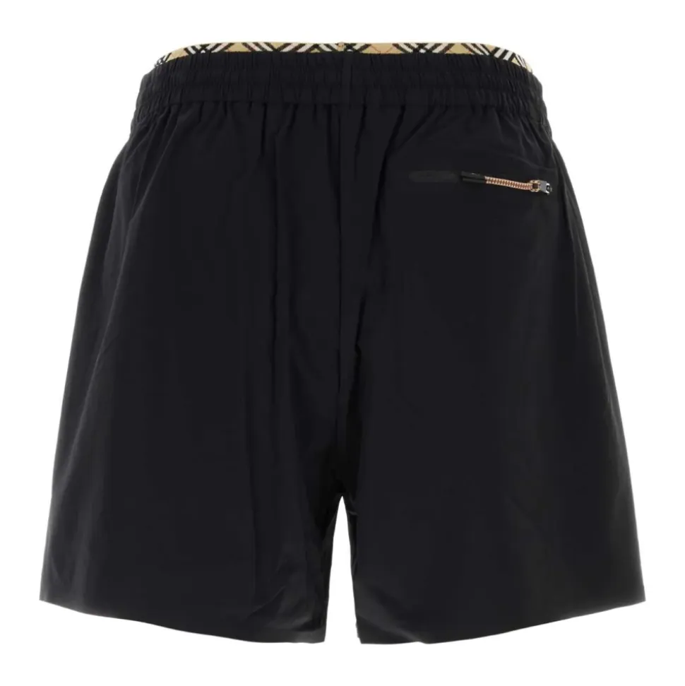 Shorts in Nylon Elasticizzato con Bordi Check