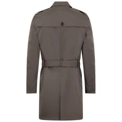 Trench color talpa elegante con cintura e colletto rialzato.